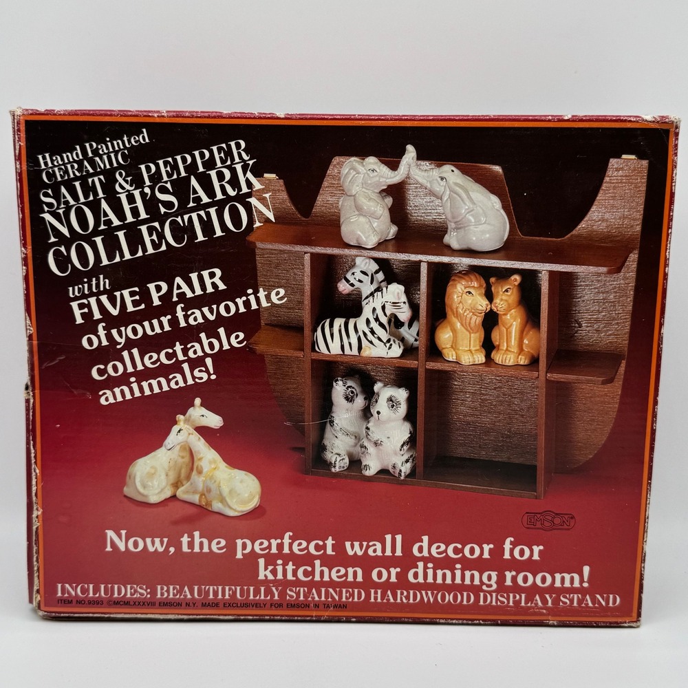 Vtg 1988 Emson Noahs Ark Salt Pepper Shaker Set Wood Shelf Display New Old Stock